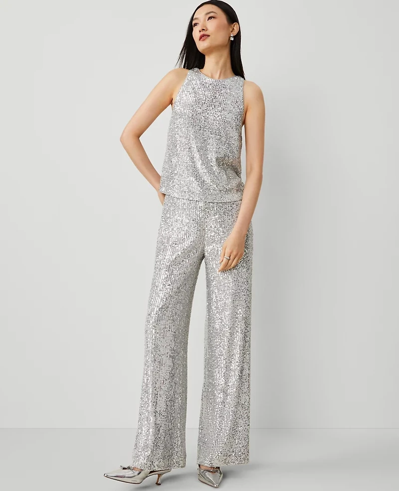Ann Taylor The Wide-Leg Pant in Sequin Size 0 Silver Spark Women's