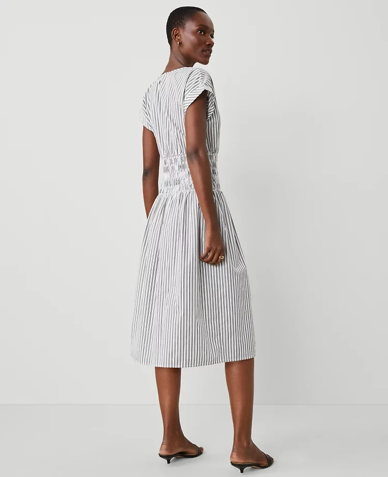 Ann Taylor Striped Smocked-Waist Midi Flare Dress Black Women's