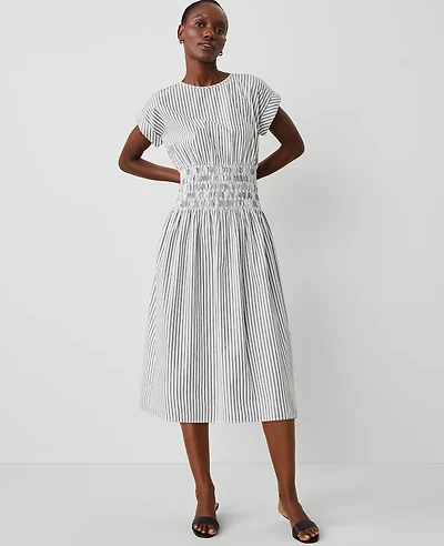 Ann Taylor Striped Smocked-Waist Midi Flare Dress Black Women's