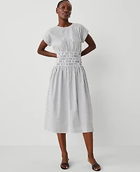 Ann Taylor Striped Smocked-Waist Midi Flare Dress Black Women's