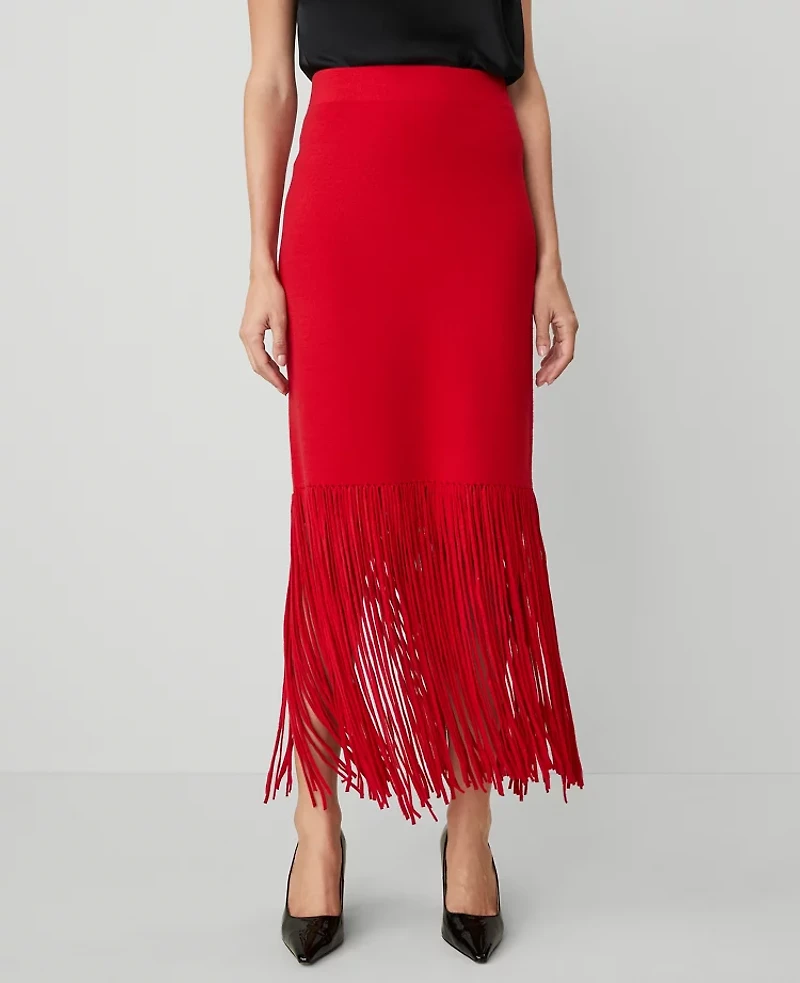 Ann Taylor Petite Silky Fringe Sweater Skirt Iconic Red Women's