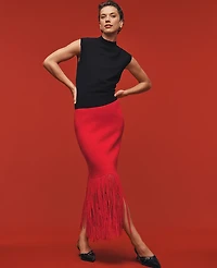 Ann Taylor Petite Silky Fringe Sweater Skirt Iconic Red Women's