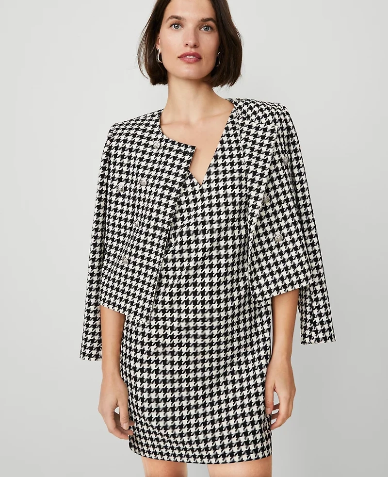 Ann Taylor Houndstooth V-Neck Sleeveless Shift Dress Size 0 Black/White Multi Women's