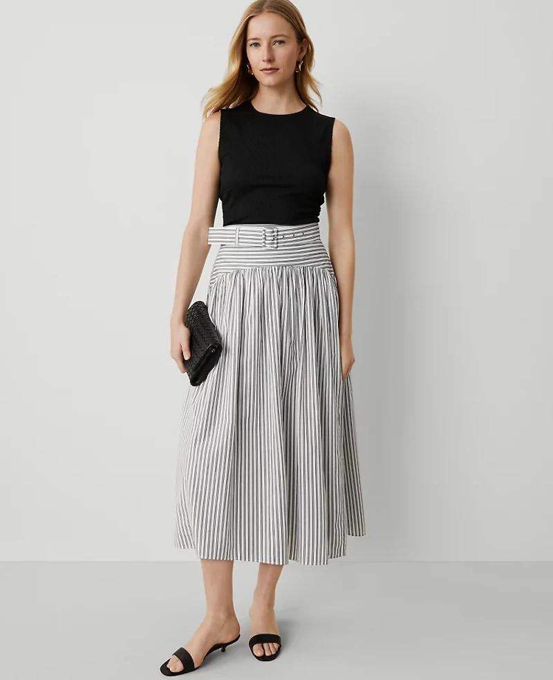 Ann Taylor Striped Belted Yoke Midi Skirt Size 4 Black Women's