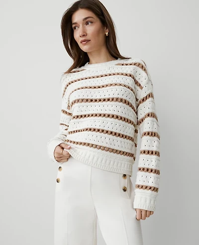 Ann Taylor Striped Stitch Sweater Size XL Tan/White Women's