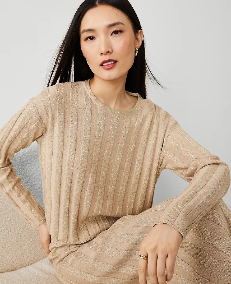 Ann Taylor Shimmer Ribbed Sweater Toasted Oat Women's