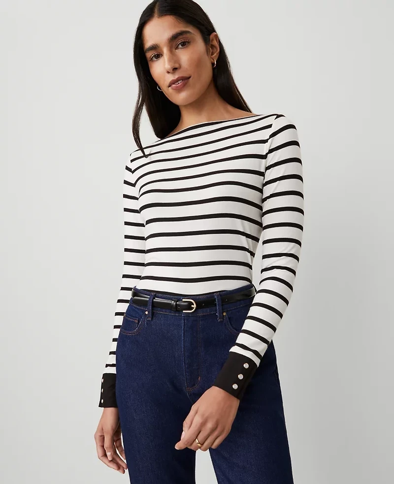 Ann Taylor Striped Snap-Cuff Top Size 2XS Winter White - Black Women's