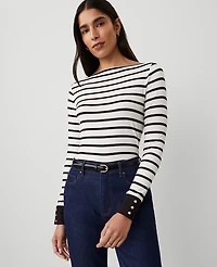 Ann Taylor Striped Snap-Cuff Top Size 2XS Winter White - Black Women's