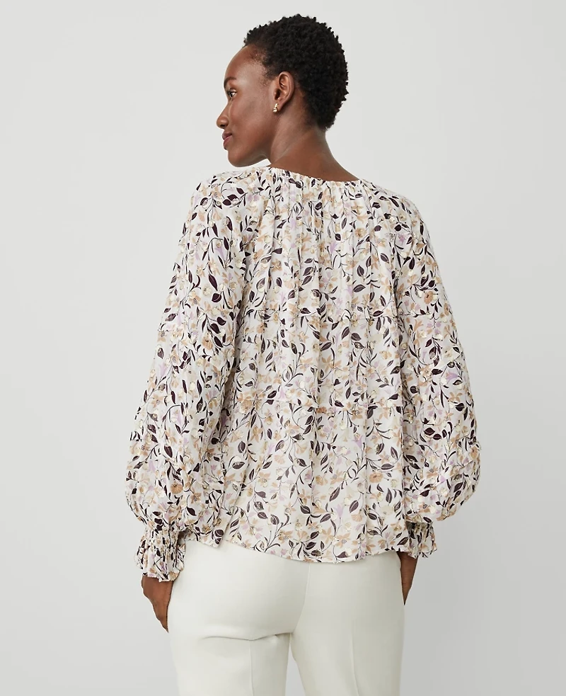 Ann Taylor Floral Clip Split Neck Popover Top Winter Whtie Women's