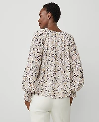 Ann Taylor Floral Clip Split Neck Popover Top Winter Whtie Women's