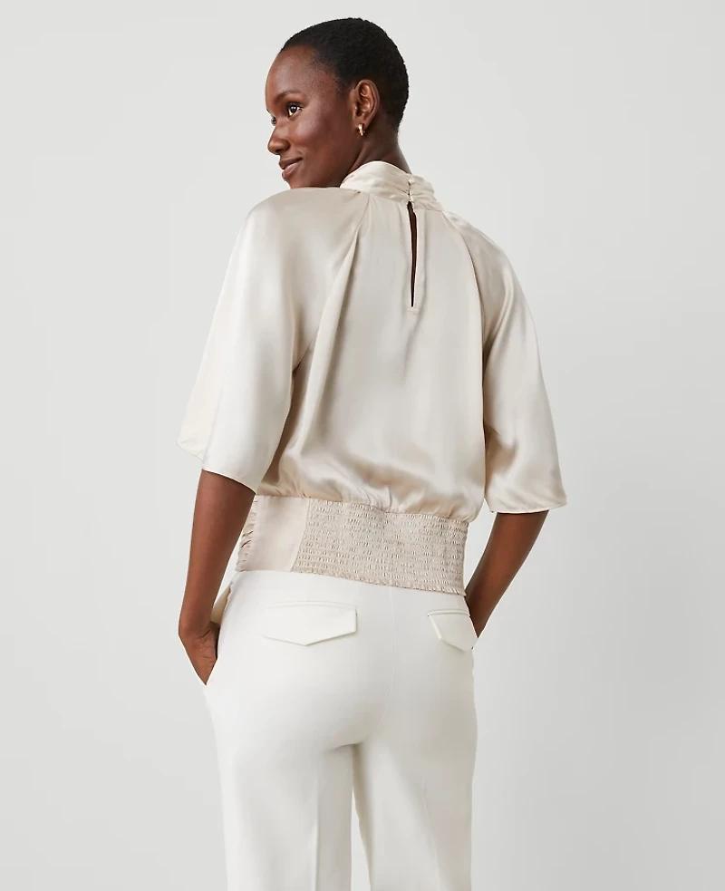 Ann Taylor Studio Collection Silk Mock Neck Top Size Medium Ivory Whisper Women's