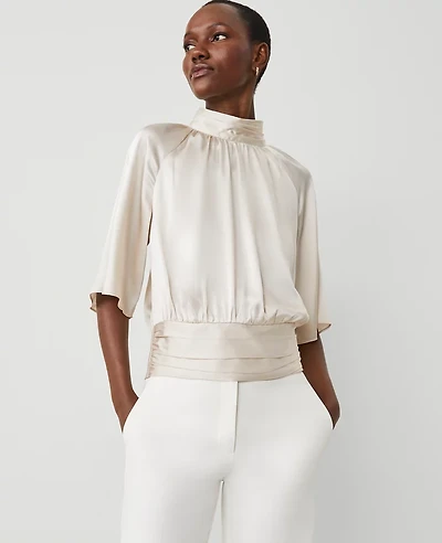 Ann Taylor Studio Collection Silk Mock Neck Top Size Medium Ivory Whisper Women's