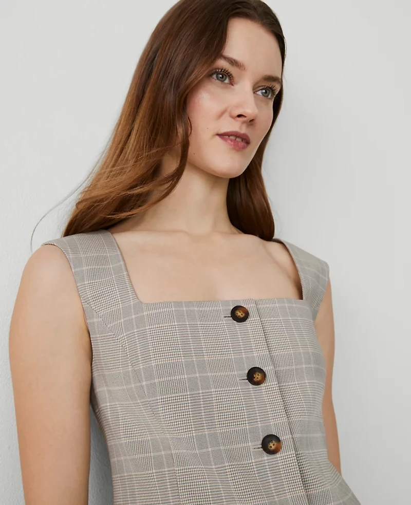 Ann Taylor Plaid Square Neck Vest Cashew Beige Women's