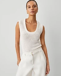 Ann Taylor Weekend Collection Open-Stitch Sweater Shell Top Size Large Winter White Women's