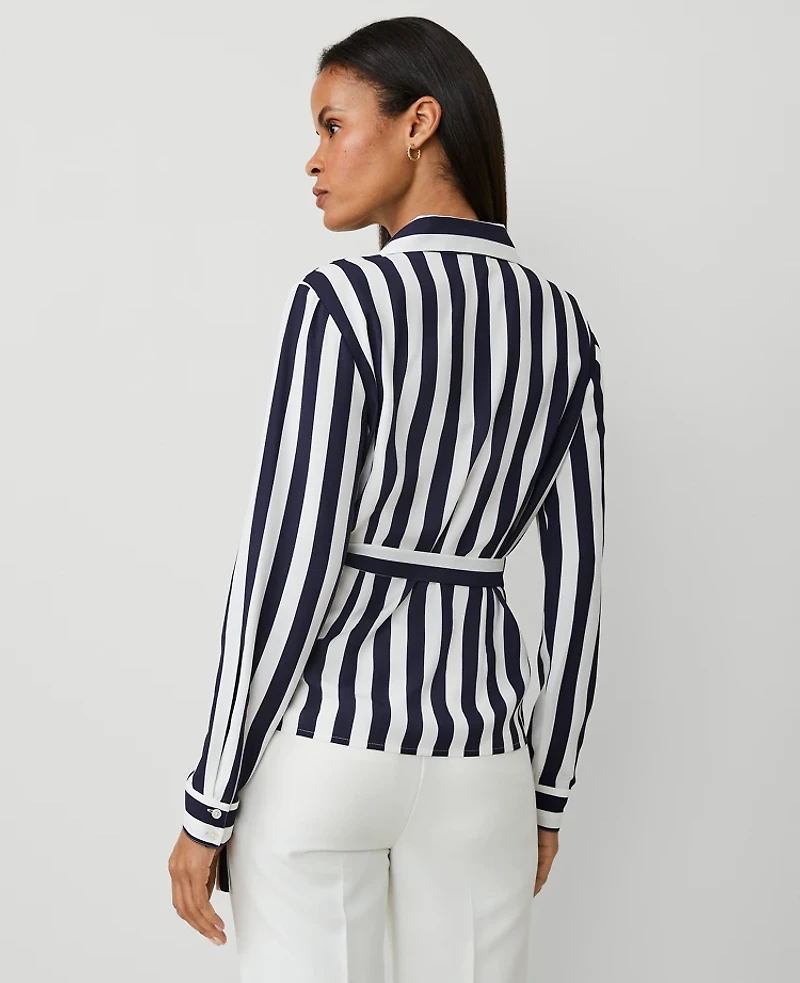 Ann Taylor Striped Collared Wrap Blouse Size XS Night Sky Women's