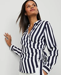 Ann Taylor Striped Collared Wrap Blouse Size XS Night Sky Women's