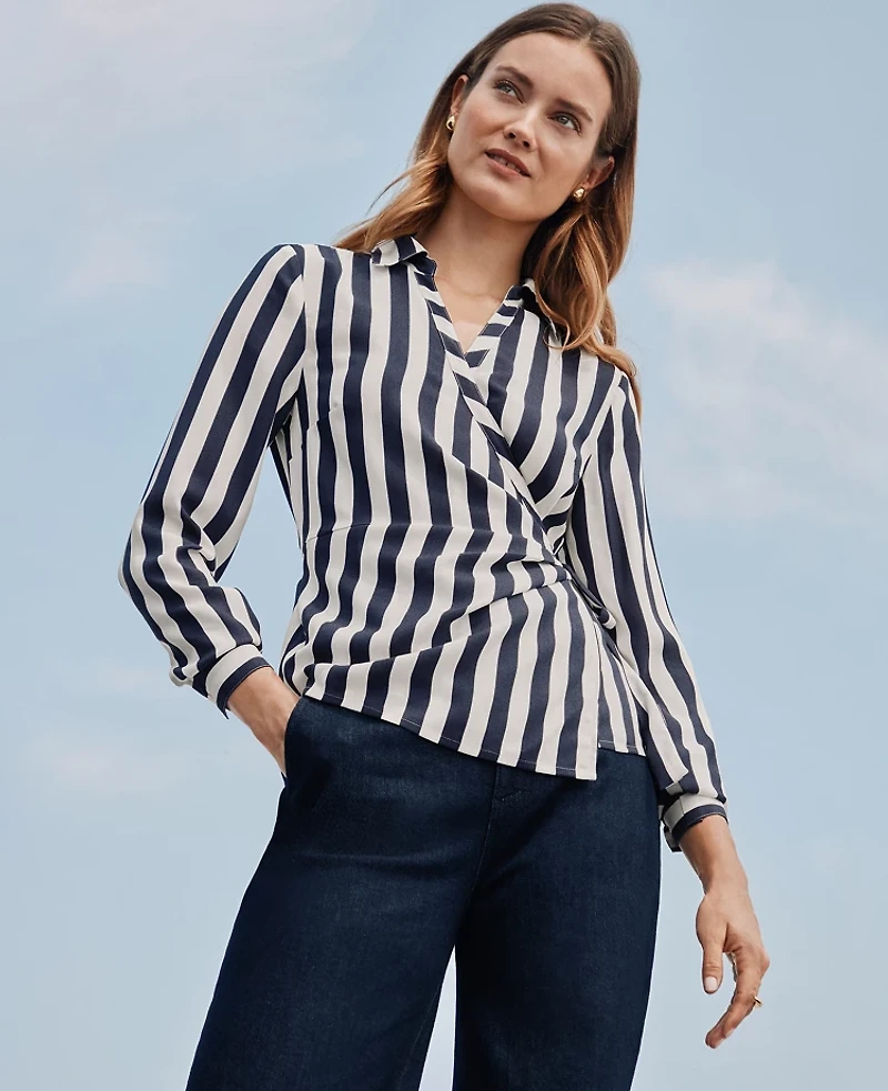 Ann Taylor Striped Collared Wrap Blouse Size XS Night Sky Women's