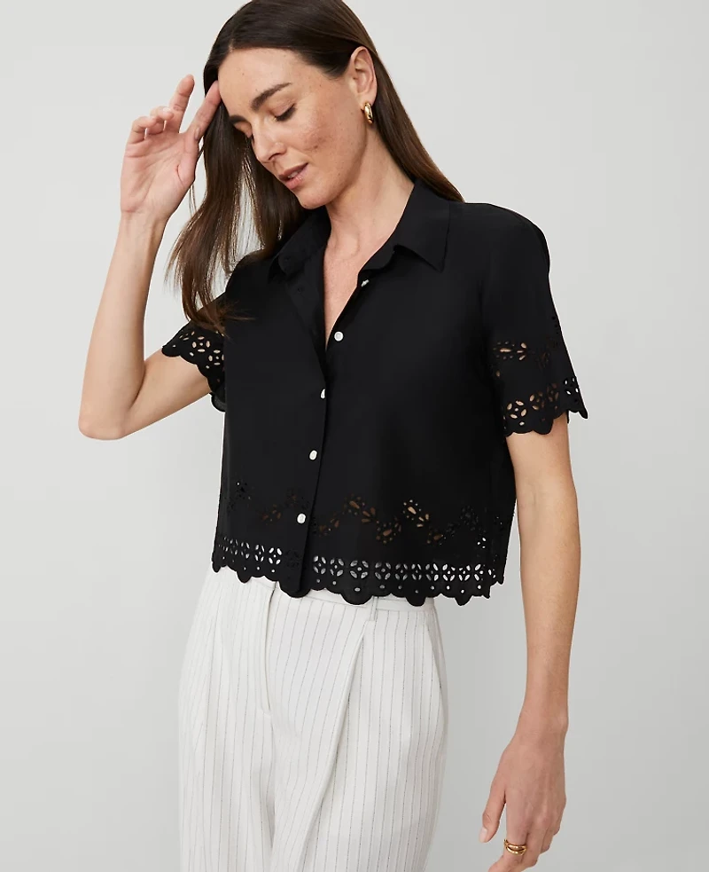 Ann Taylor Eyelet Modern Blouse Black Women's