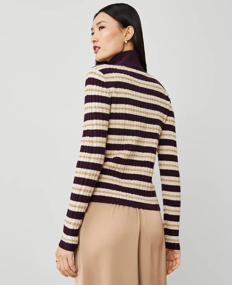 Ann Taylor Textured Stripe Turtleneck Sweater Neutral/White Combo Women's