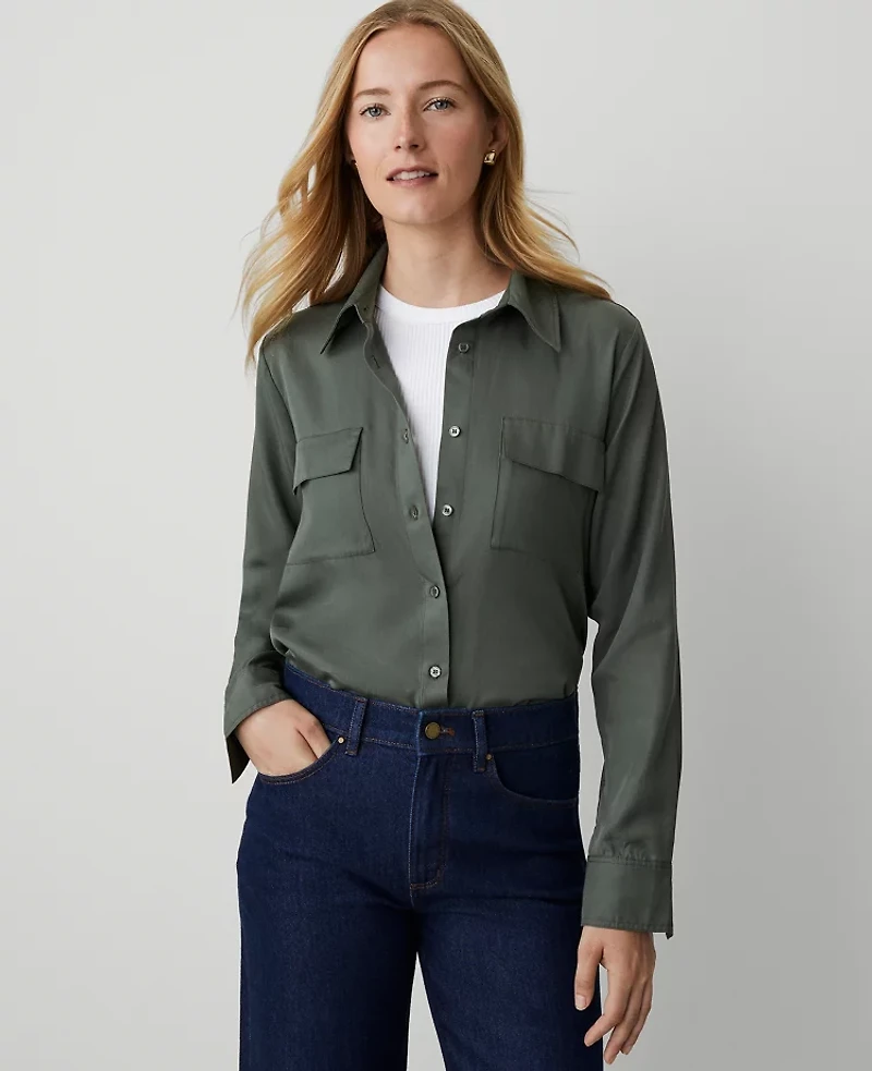 Ann Taylor Weekend Collection Pocket Shirt Size XS Dried Cilantro Women's