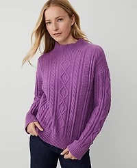Ann Taylor Mixed Cable Mock Neck Sweater Size Large Purple Monarch Women's