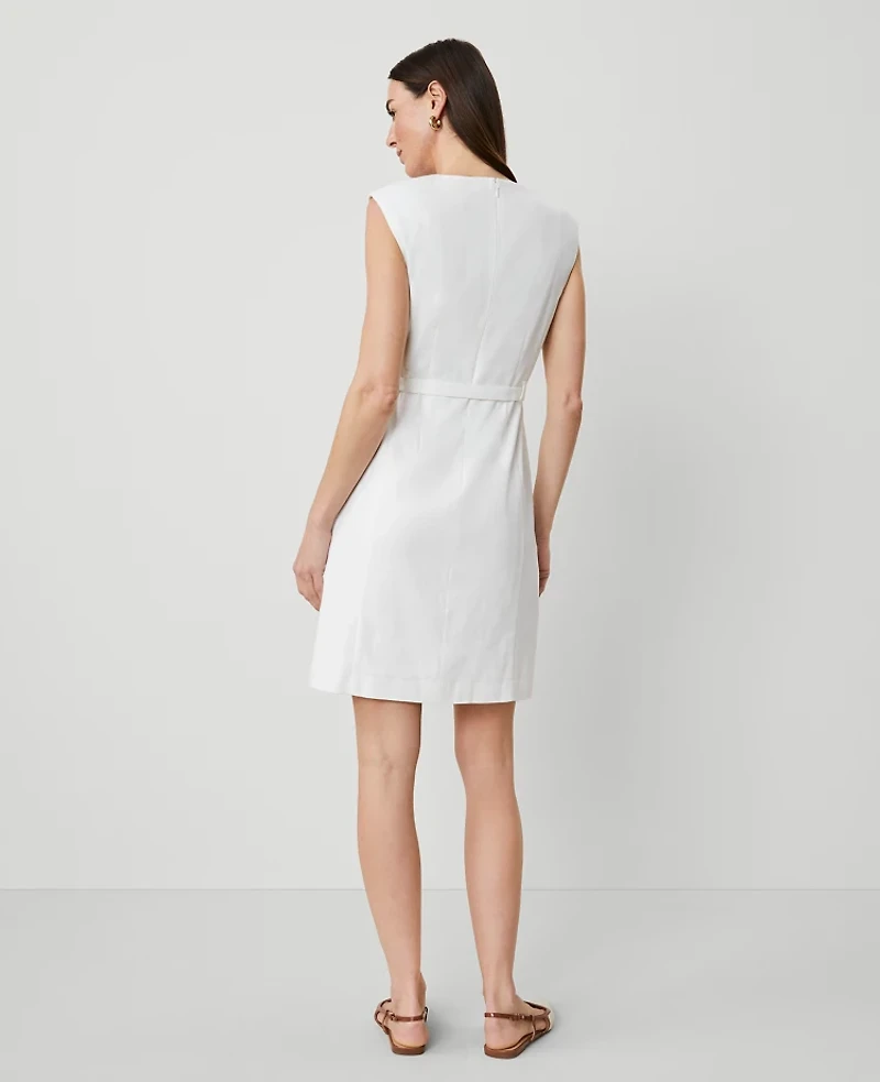 Ann Taylor The Belted Shift Dress Herringbone Linen Blend White Women's