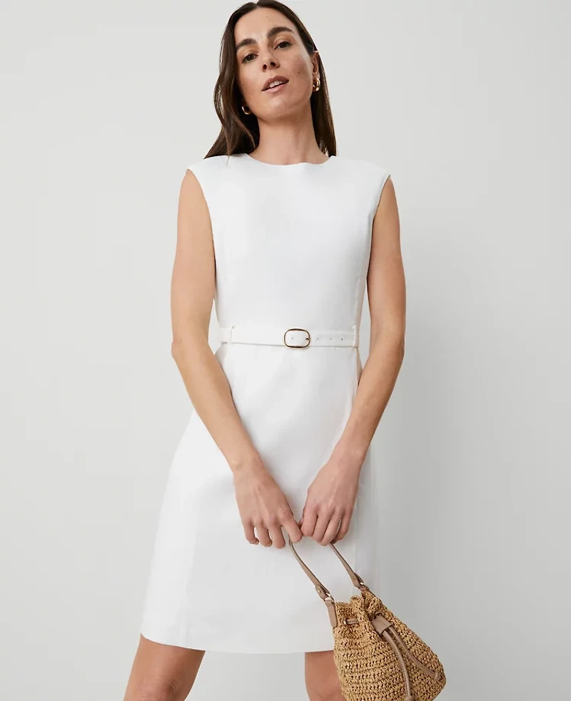 Ann Taylor The Belted Shift Dress Herringbone Linen Blend White Women's