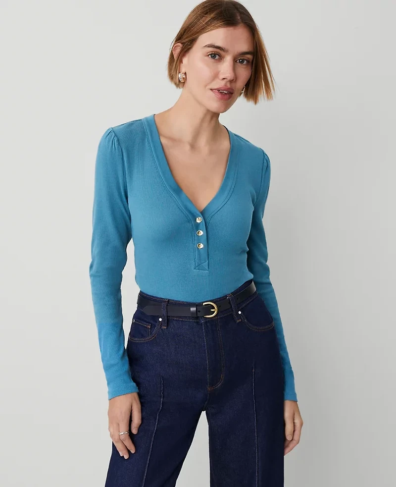 Ann Taylor Petite Weekend Collection Puff Sleeve Henley Top Blue Women's