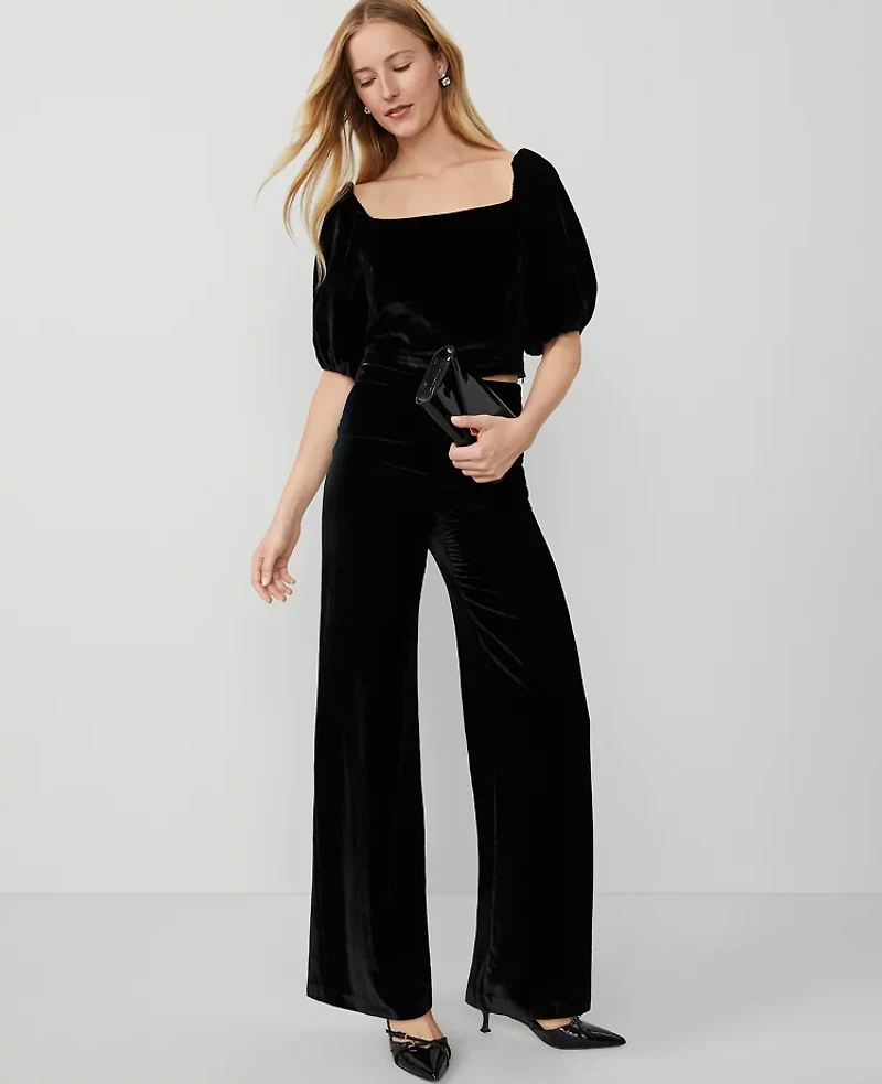 Ann Taylor The Petite Perfect Wide-Leg Pant in Drapey Velvet Size 4 Black Women's