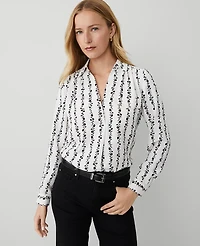 Ann Taylor Floral Stripe Camp Shirt Size Medium Winter White Women's
