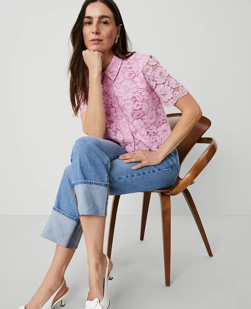 Ann Taylor Lace Modern Blouse Size Medium Pink Hollyhock Women's