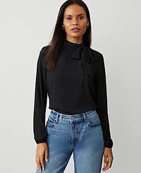 Ann Taylor Popover Top Bow Blouse Black Women's