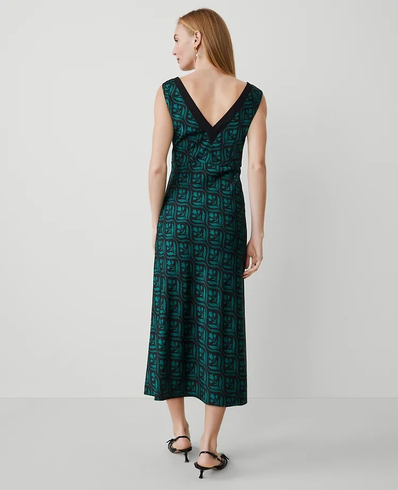 Ann Taylor Geo V-Neck Bias Dress Jewel Green Women's