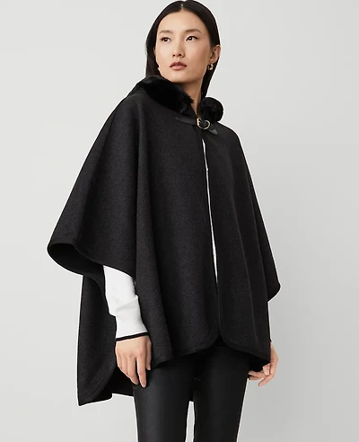Ann Taylor Buckle Faux Fur Hooded Poncho Size M/L Black Women's