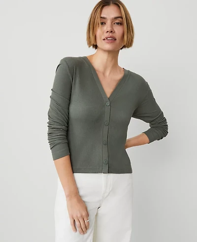 Ann Taylor Weekend Collection Fitted V-Neck Cardigan Dried Cilantro Women's