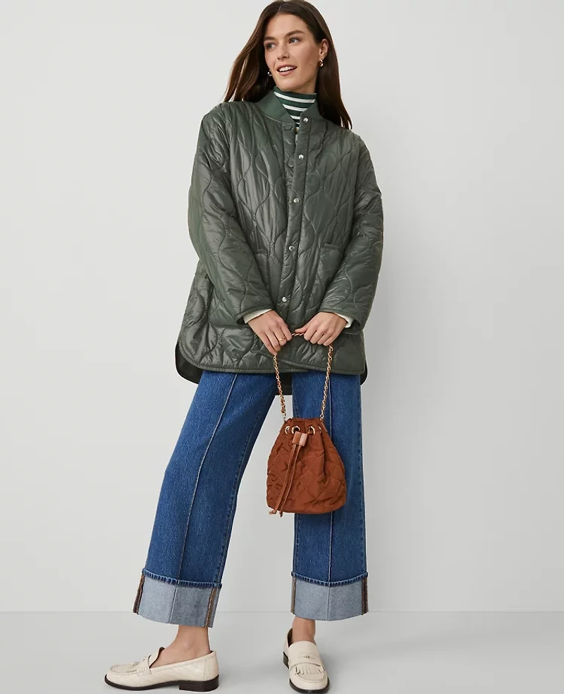 Ann Taylor Petite Weekend Collection Varsity Collar Quilted Jacket Dried Cilantro Women's
