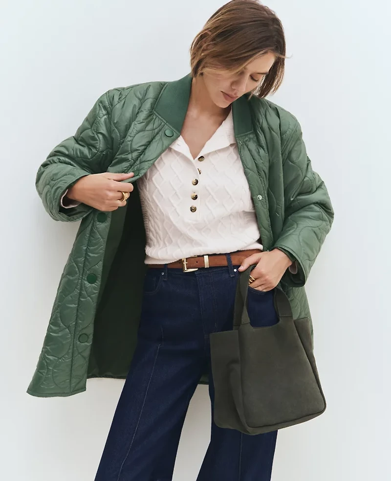 Ann Taylor Petite Weekend Collection Varsity Collar Quilted Jacket Dried Cilantro Women's