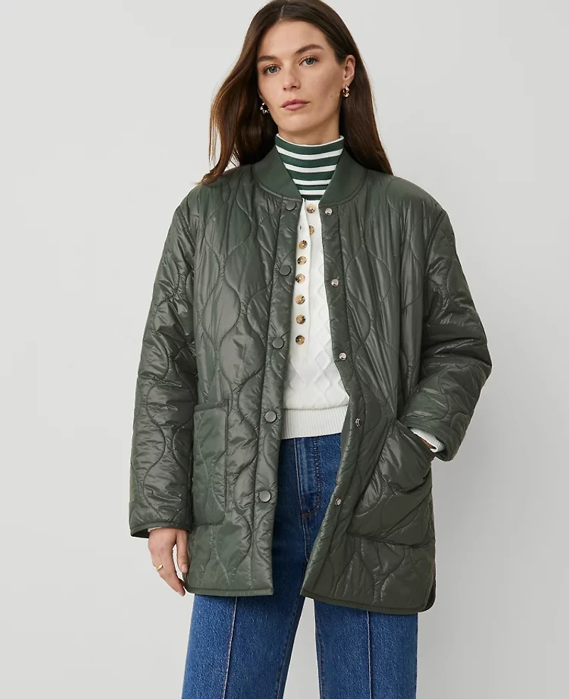 Ann Taylor Petite Weekend Collection Varsity Collar Quilted Jacket Dried Cilantro Women's