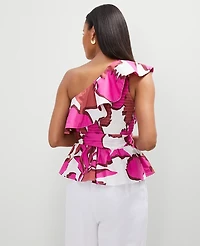 Ann Taylor Floral One-Shoulder Tie Waist Blouse Rose Violet Women's