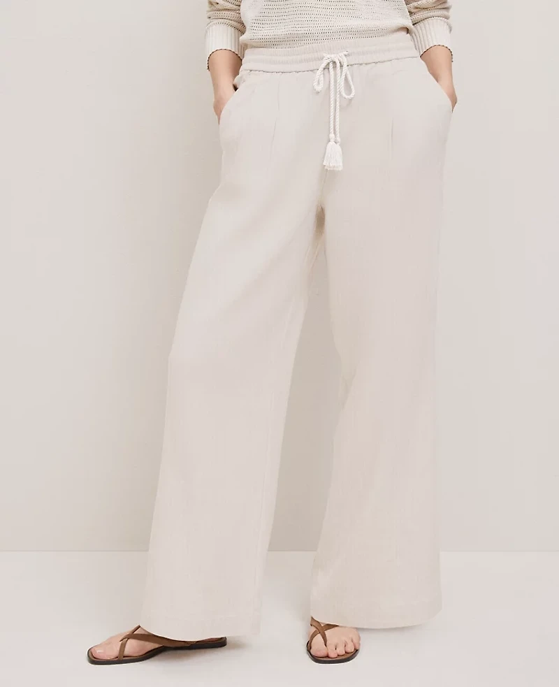 Ann Taylor Weekend Collection Pull On Wide-Leg Pant Linen Blend Natural Flax Women's