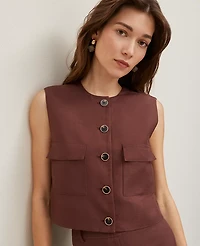 Ann Taylor Linen Blend Patch Pocket Vest Rich Walnut Women's