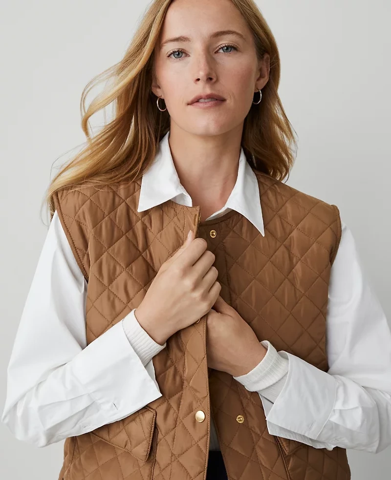 Ann Taylor Weekend Collection Quilted Puffer Vest Cappuccino Tan Women's