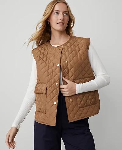 Ann Taylor Weekend Collection Quilted Puffer Vest Size M/L Cappuccino Tan Women's