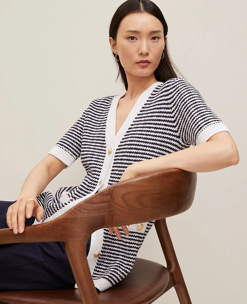 Ann Taylor Striped Long Sweater Jacket Navy/White Women's