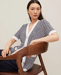 Ann Taylor Striped Long Sweater Jacket Navy/White Women's