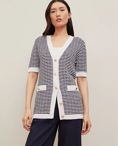 Ann Taylor Striped Long Sweater Jacket Navy/White Women's