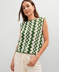 Ann Taylor Geo Crochet Sweater Shell Top Green/White Combo Women's