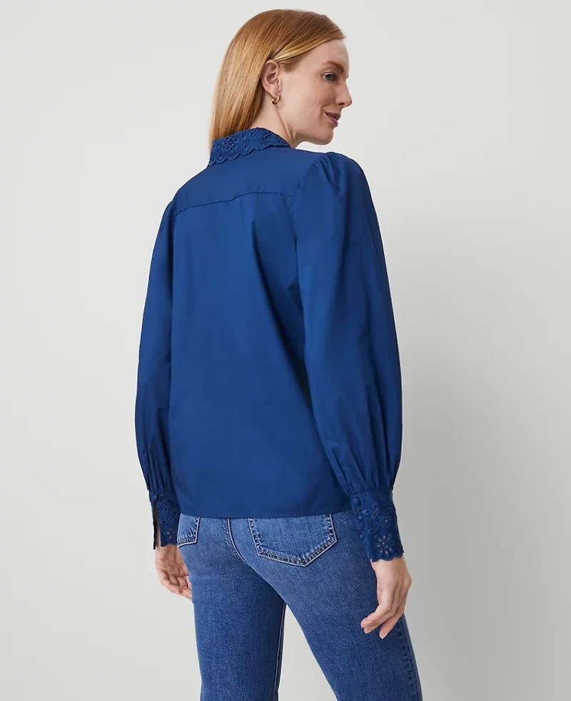 Ann Taylor Eyelet Embroidered Pocket Shirt Size XS Calm Shores Women's