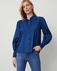 Ann Taylor Eyelet Embroidered Pocket Shirt Size XS Calm Shores Women's