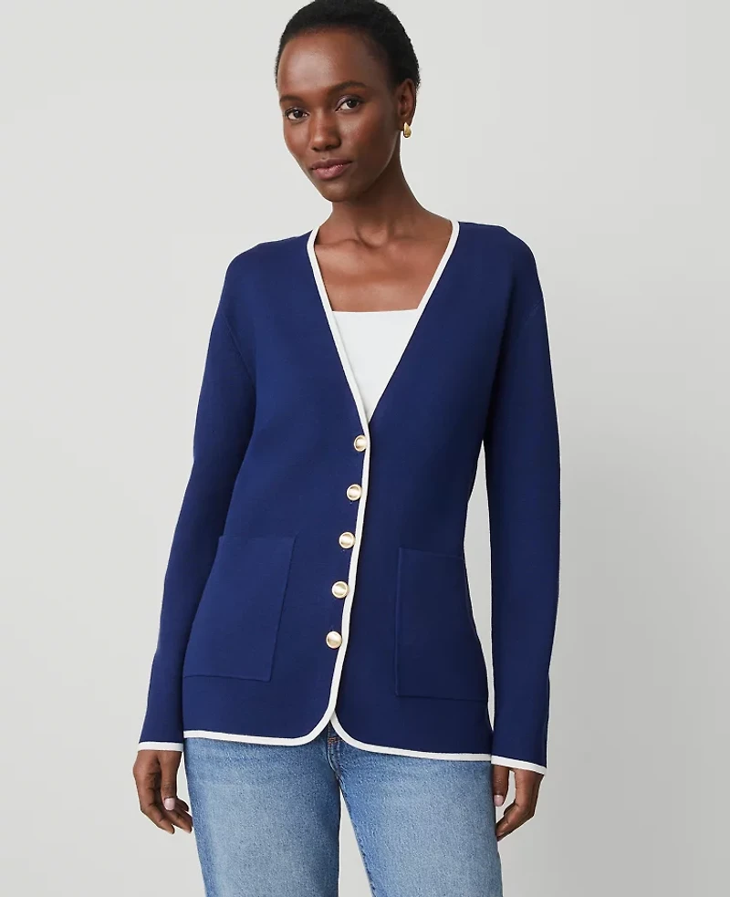 Ann Taylor Tipped V-Neck Sweater Blazer Size Small Royalty Blue Women's